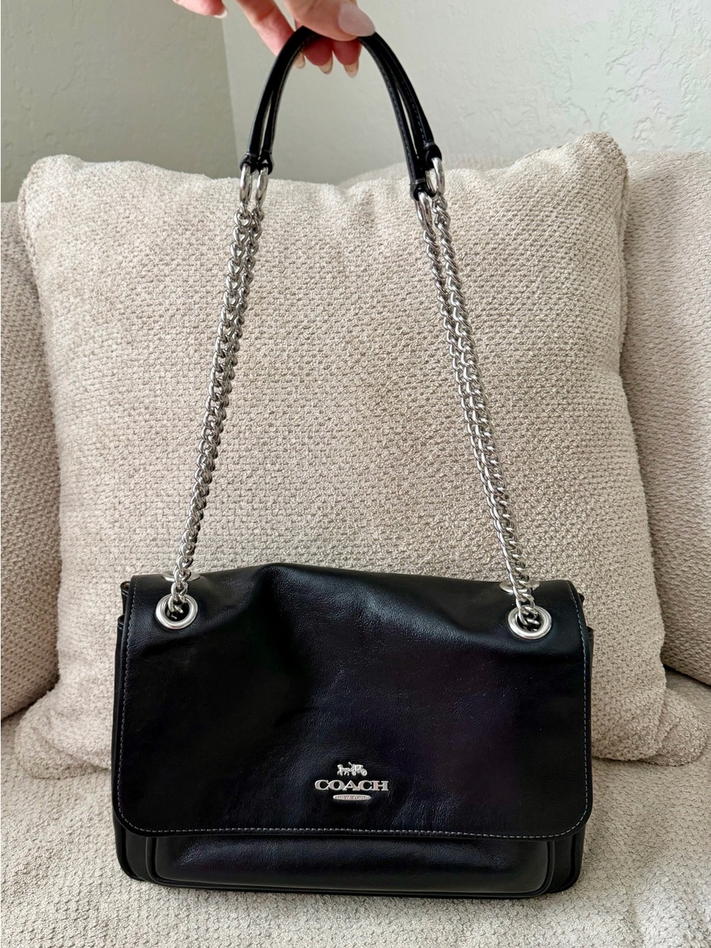 Coach Elodie Black Leather Shoulder& Crossbody Bag with Silver Chain